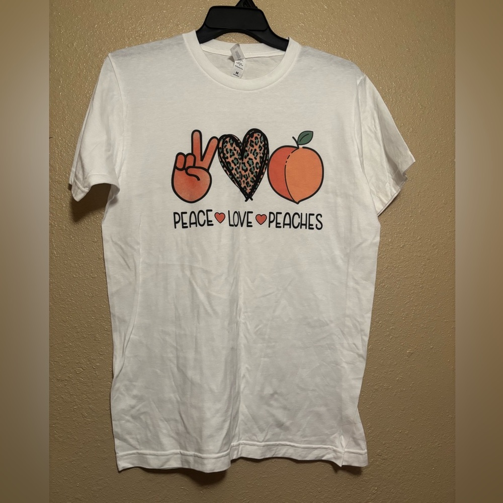 White Graphic Tee with Peace Love Peaches Design
